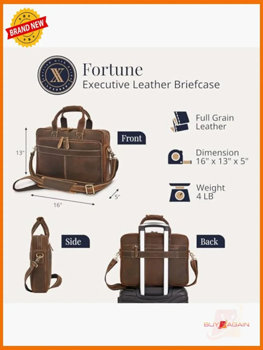 Full-Grain Leather Briefcase Laptop Bag Messenger Work